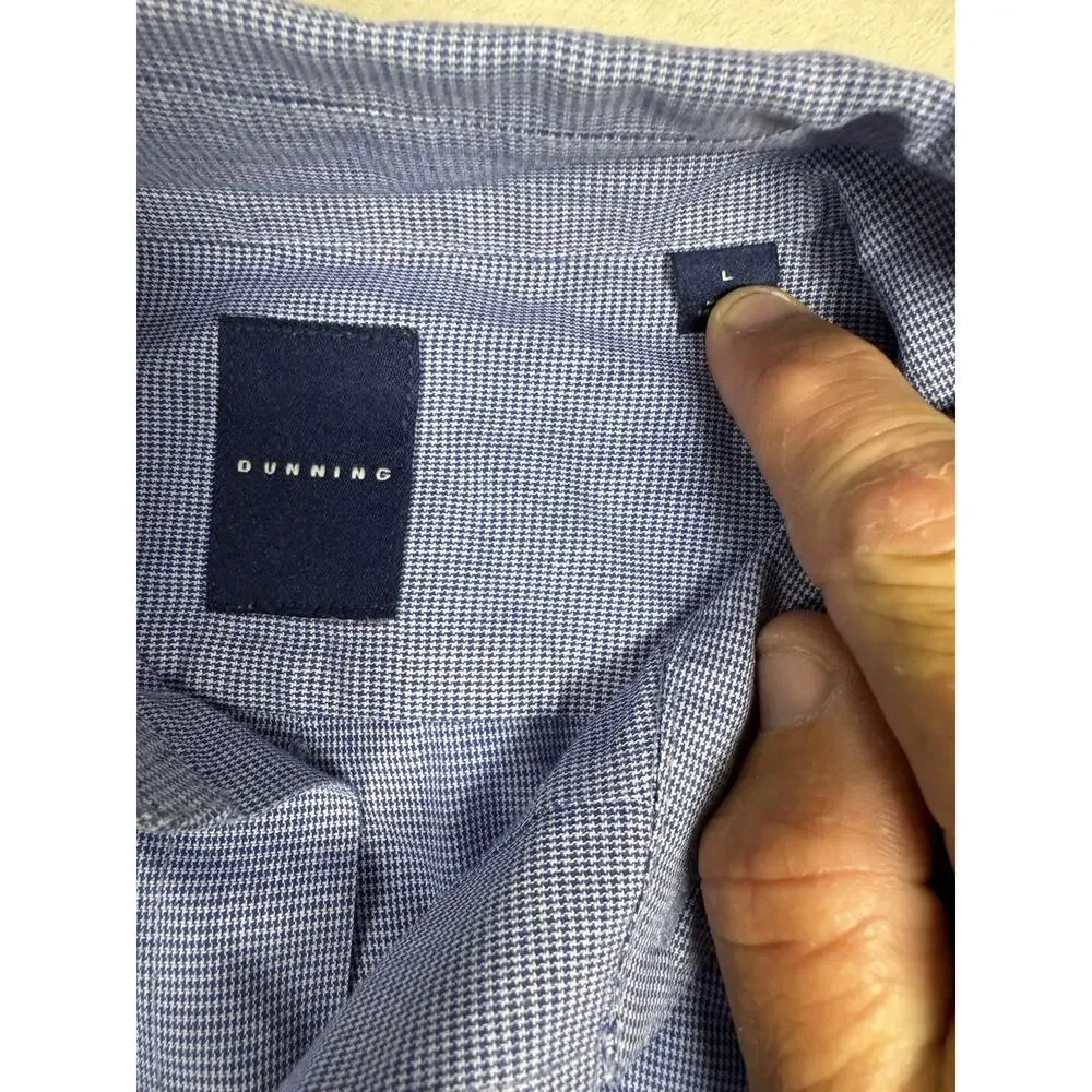 Dunning Mens L Blue Micro Check Button Down Shirt Long Sleeve Golf Performance